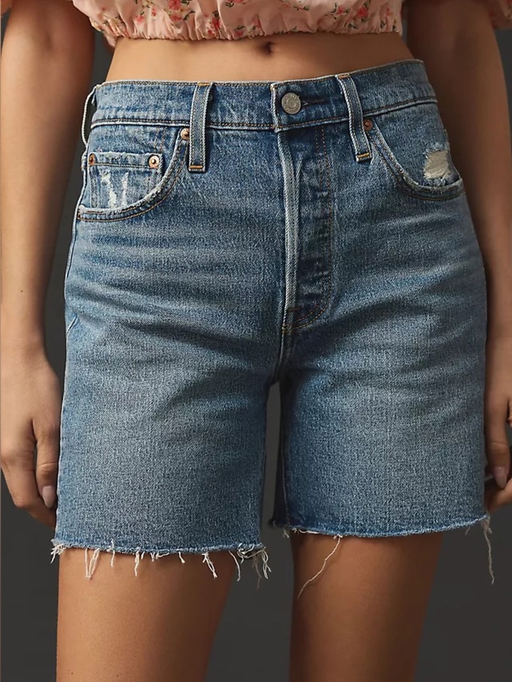 Levi's 501 Distressed Mid Thigh High Rise Raw Hem Denim Shorts